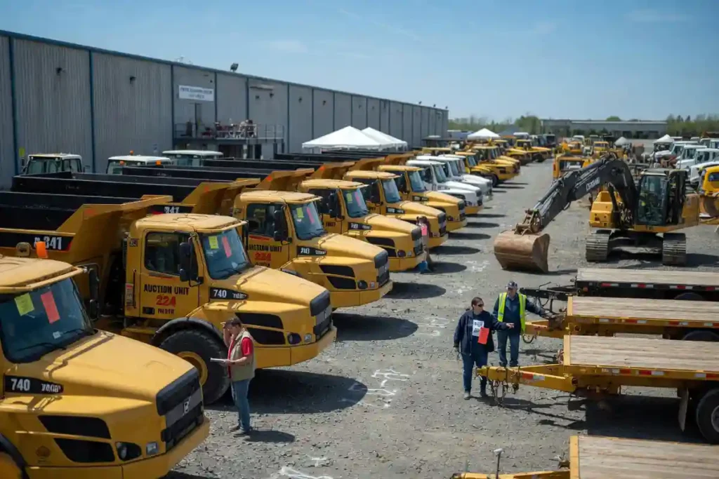 Heavy equipment auction lot with dump trucks and trailers
