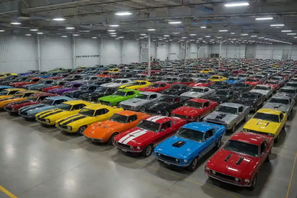 Private warehouse filled with classic American muscle cars