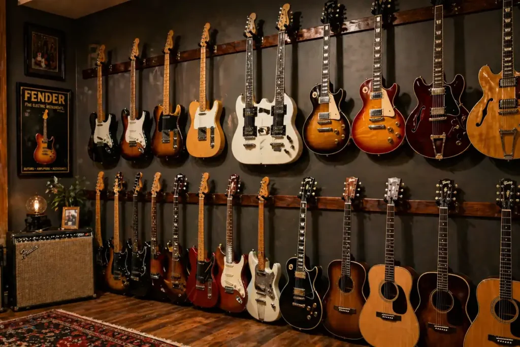 Vintage guitar collection wall display