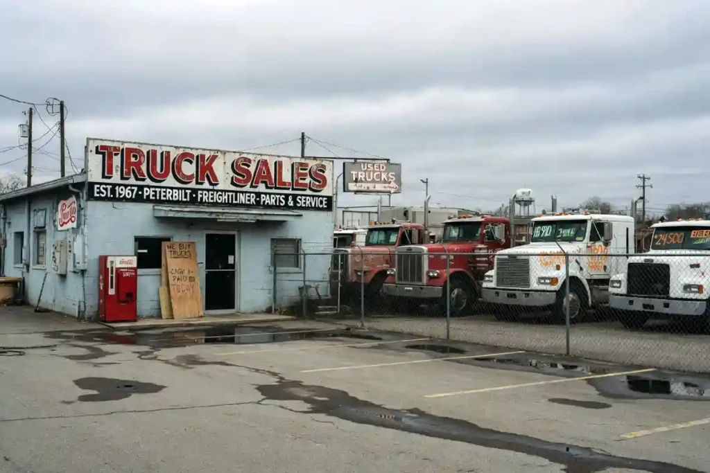 Old-school commercial truck dealership with inventory trucks