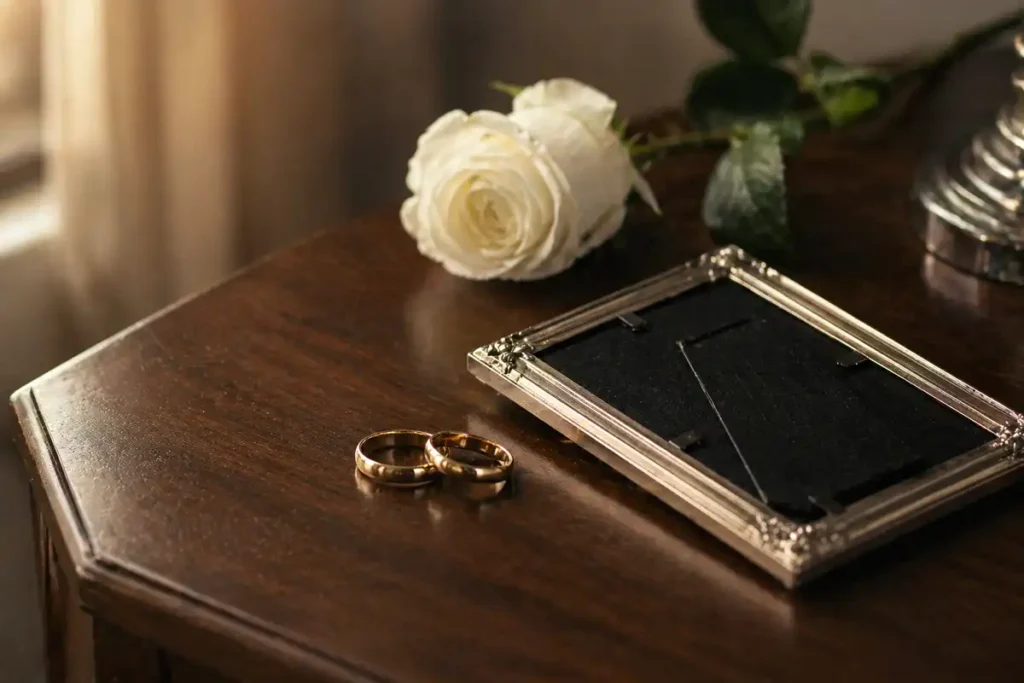 Vintage wedding rings on wood table