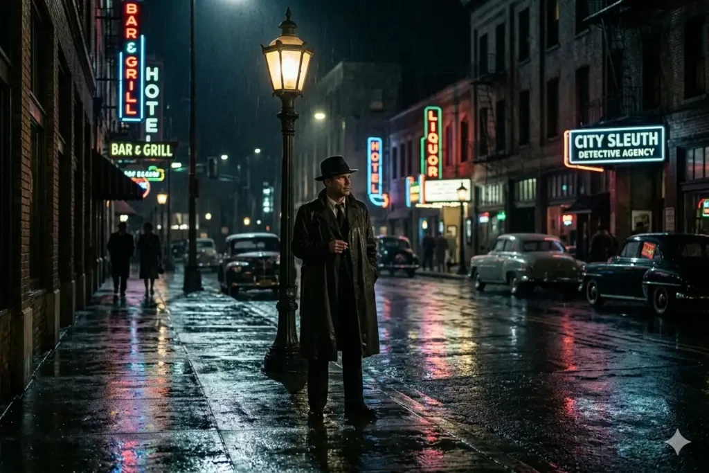 Film noir private detective scene representing the Diamond movie set in Los Angeles