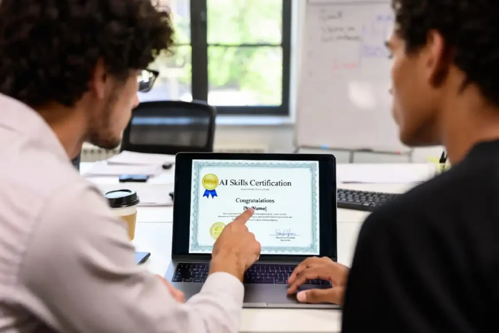 Two professionals comparing AI skills and salary data on a laptop