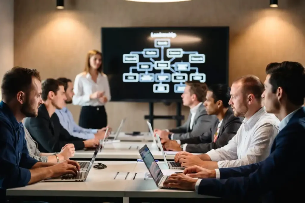 Mid-level managers participating in an AI leadership upskilling session in 2026