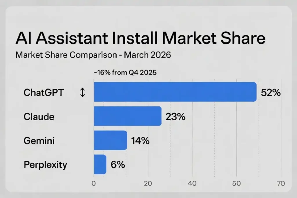 Infographic showing AI assistant app install share changing from Q4 2025 to March 2026