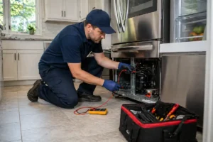 Appliance repair technician fixing stainless steel refrigerator