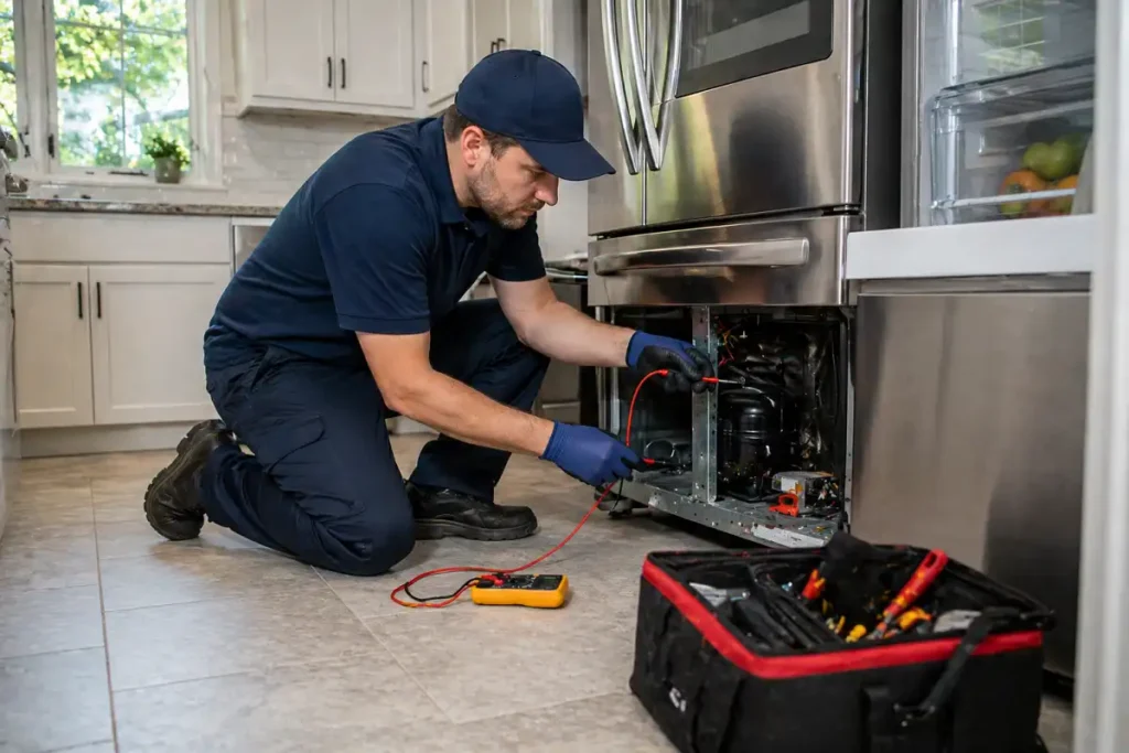 Appliance repair technician fixing stainless steel refrigerator