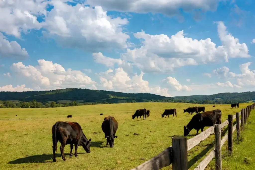 Herd of black Angus cattle grazing on lush green spring pasture in the Midwest
