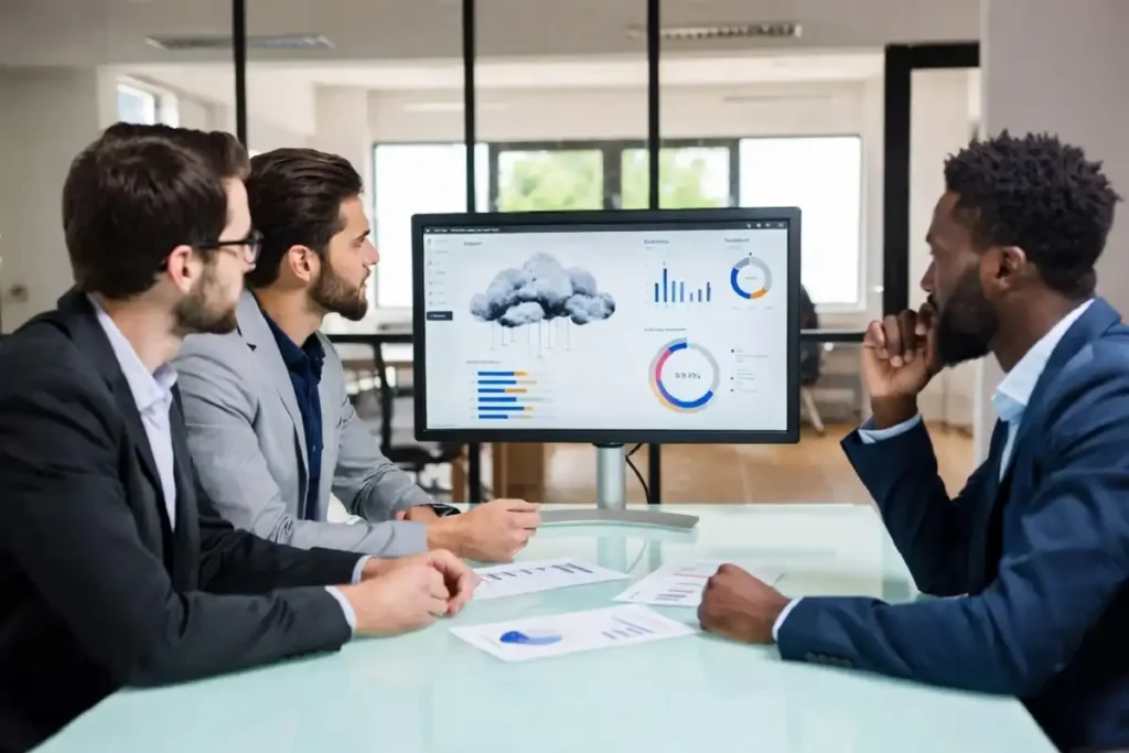 Business professionals discussing cloud AI infrastructure strategy in office meeting