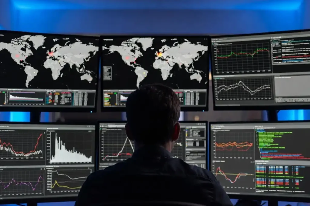 Cybersecurity analyst monitoring multiple screens showing network threat data and breach alerts