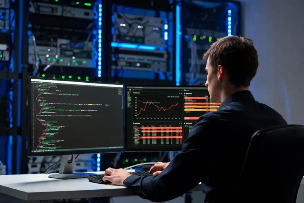 Cybersecurity analyst reviewing Windows zero-day vulnerability report on dual monitors