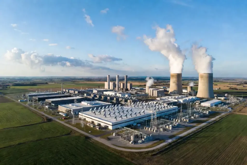 AI data center power infrastructure with cooling towers and electrical grid 