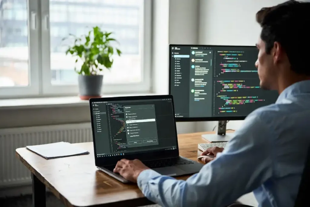 Software engineer using an AI coding assistant to review a security patch