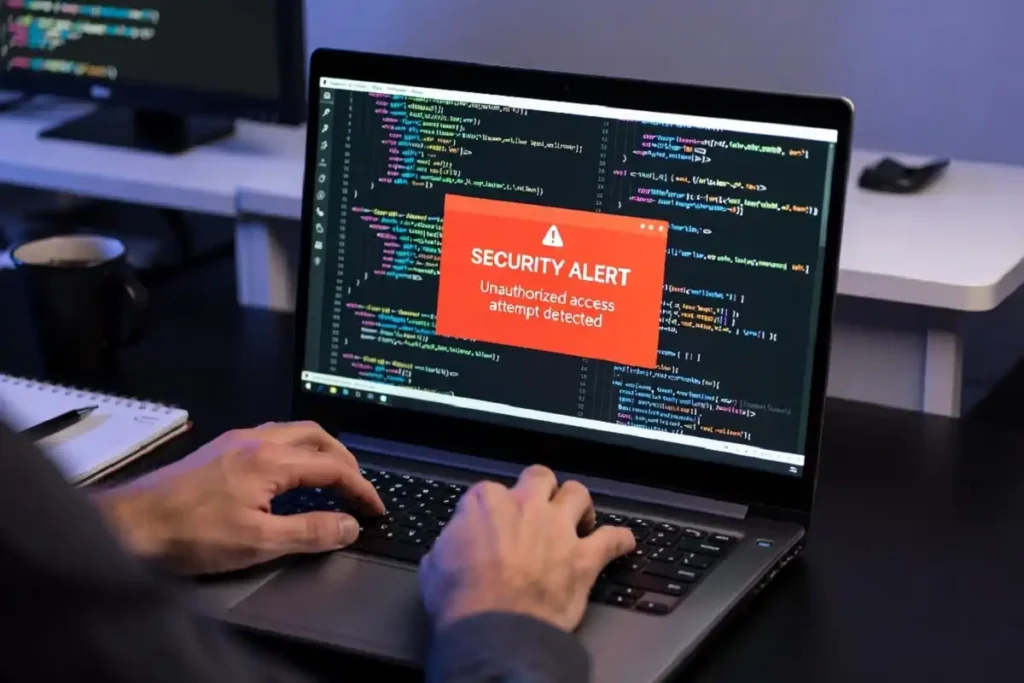 Software developer working on a laptop showing code and a security warning notification