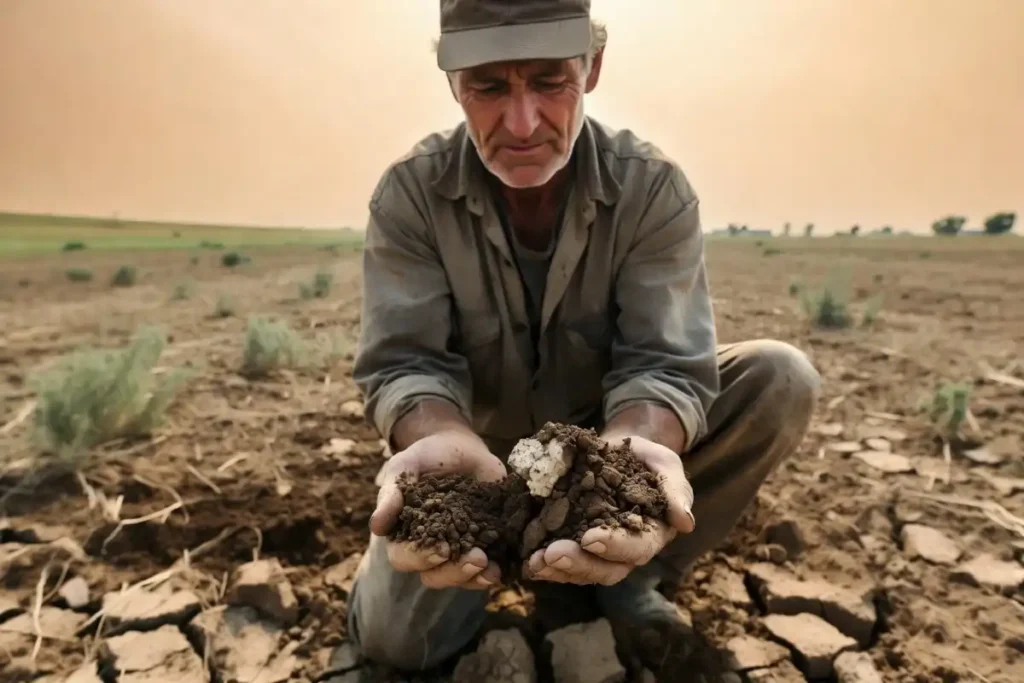 Farmer inspecting dry soil in a western Plains field during May 2026 drought concerns