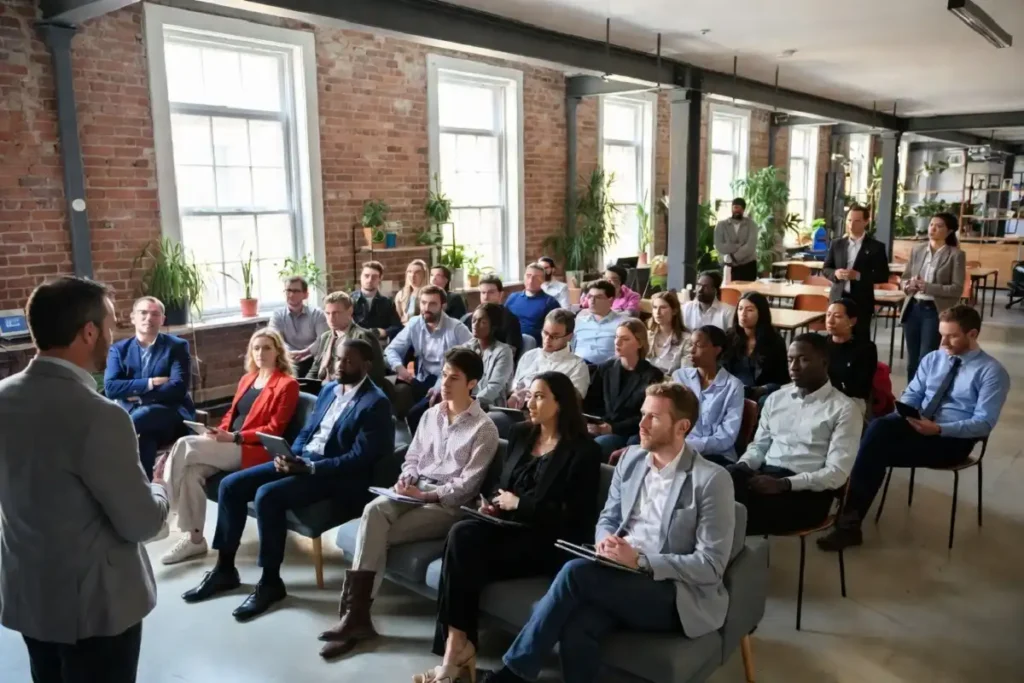 Employees in a town hall meeting listening to their CEO speak about company changes in 2026