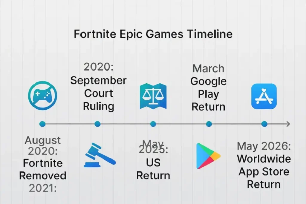 Infographic timeline of the Epic Games versus Apple App Store legal battle from 2020 to 2026