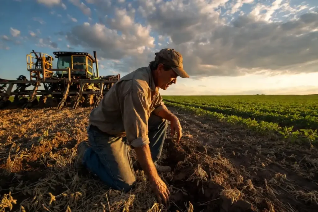 American farmer in cap and work shirt examining soybean field conditions in May