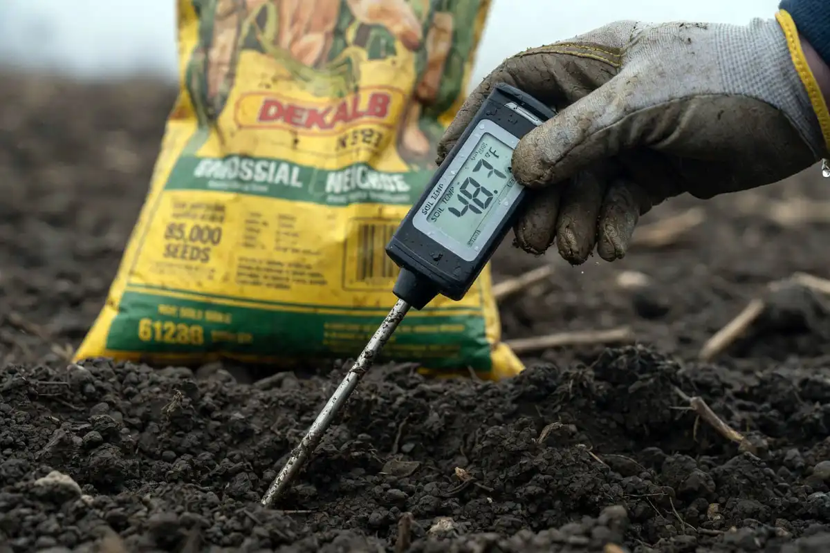 Digital soil thermometer reading below 50 degrees in a Midwest field during 2026 corn planting