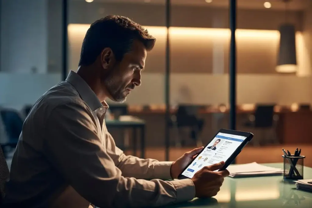 Hiring manager reviewing candidate AI skills certificate on tablet in office