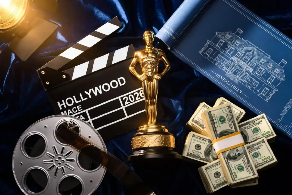 Hollywood Academy Award trophy and money symbolizing actress fortune