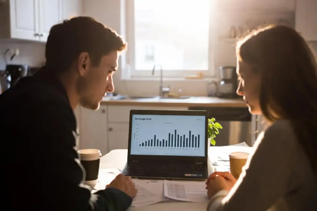 Young couple reviewing 30-year mortgage rates on a laptop in their kitchen in May 2026