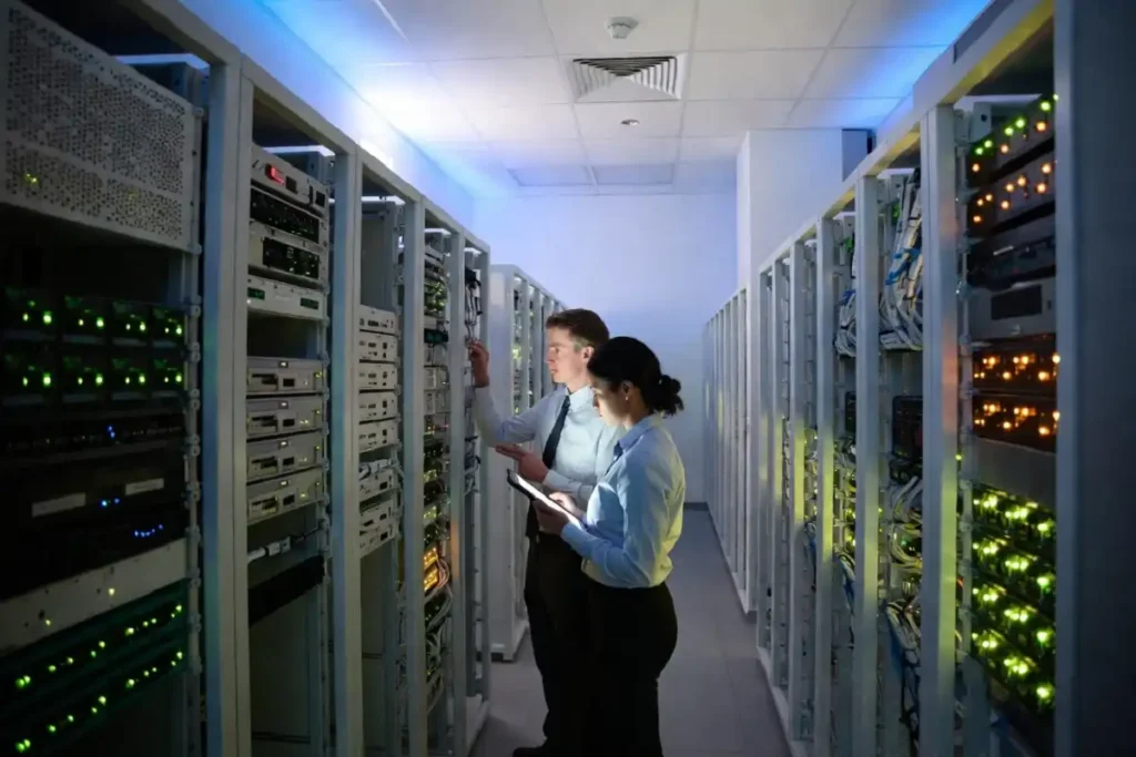 Hospital IT staff securing server room against ransomware threats