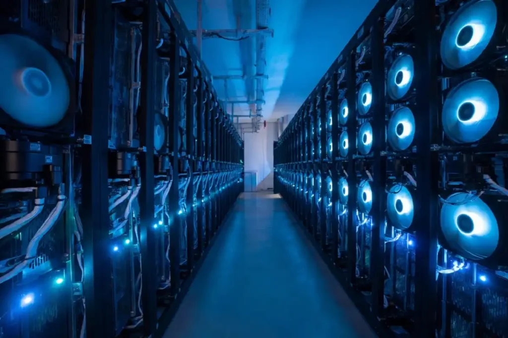Rows of AI servers and TPU racks inside a modern data center