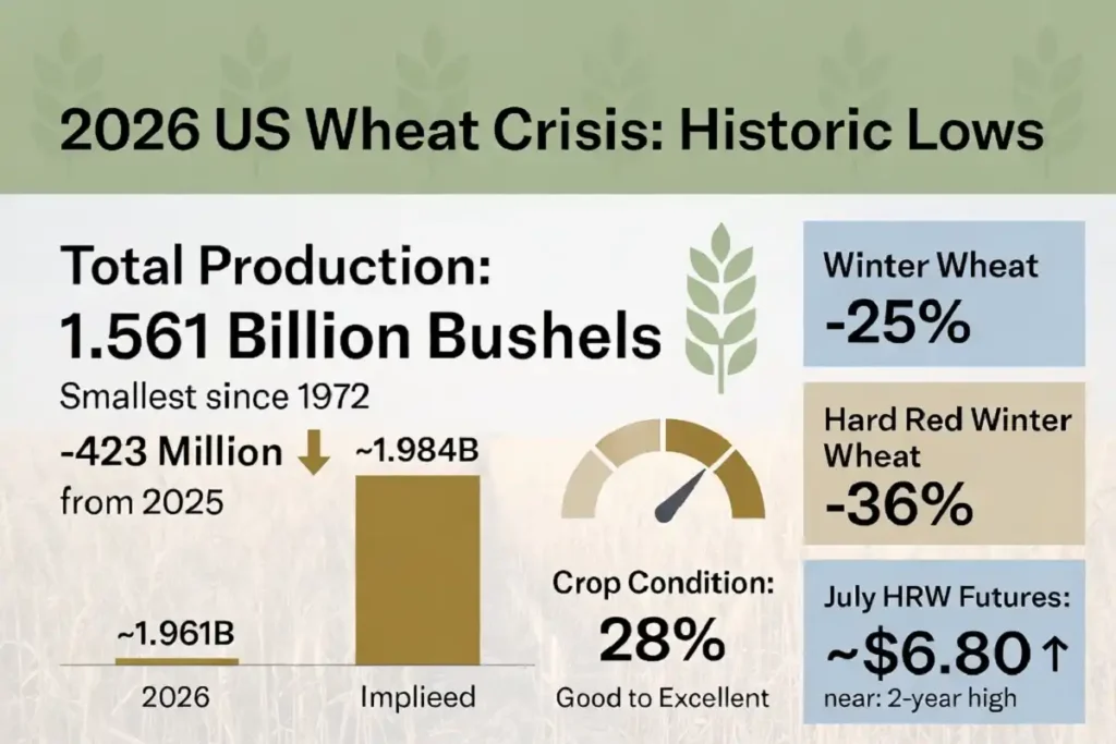 Infographic showing 2026 US wheat production and price figures after the May WASDE report
