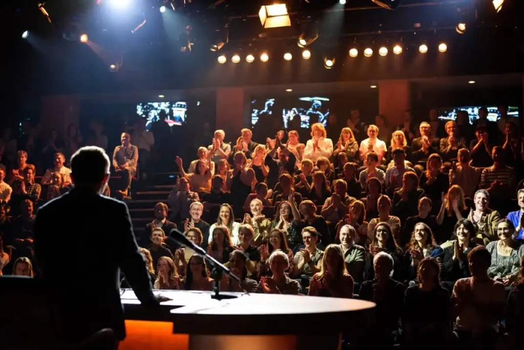 Studio audience applauding during the final week of a late-night TV show