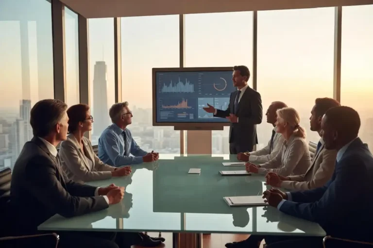 Corporate executives in a modern boardroom discussing AI leadership strategy in May 2026