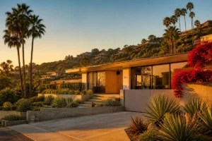 Los Angeles hillside residential home exterior at dusk