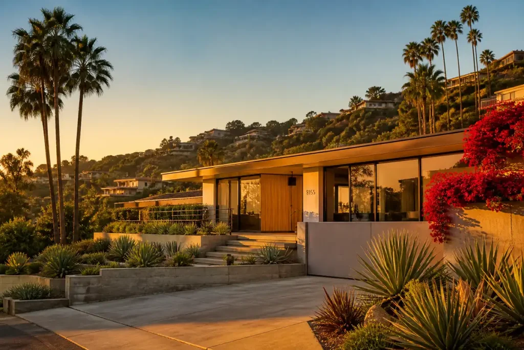 Los Angeles hillside residential home exterior at dusk