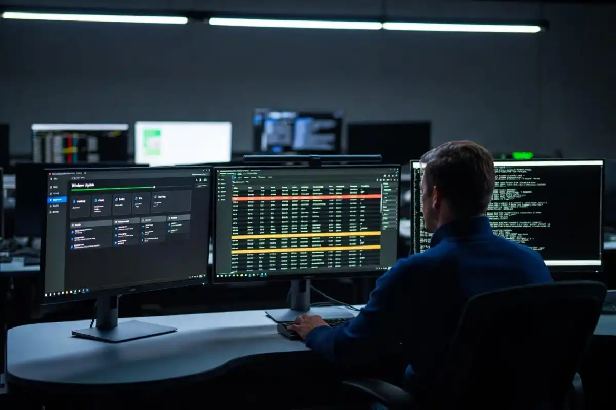 IT administrator reviewing May 2026 Patch Tuesday updates on multiple monitors