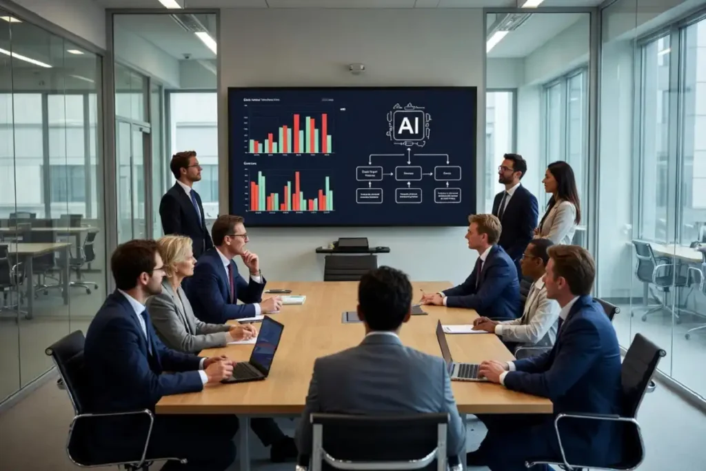 Corporate executives discussing AI strategy in a modern boardroom