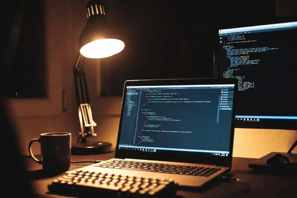 Open source maintainer reviewing pull requests late at night on a laptop