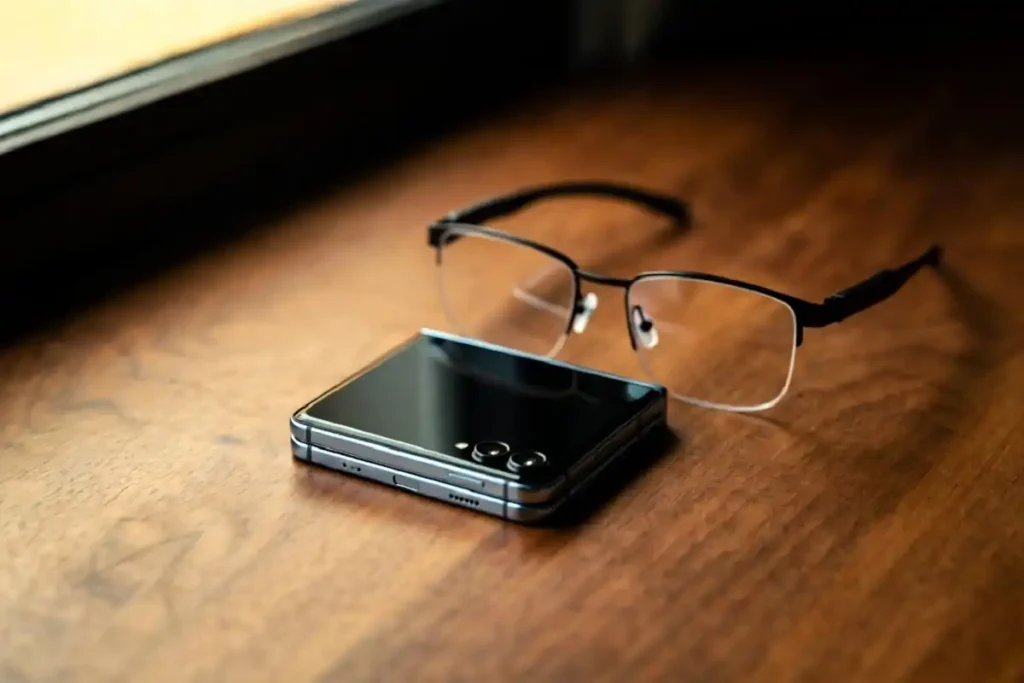 Samsung Galaxy Z Fold smartphone next to a pair of smart glasses on wooden desk