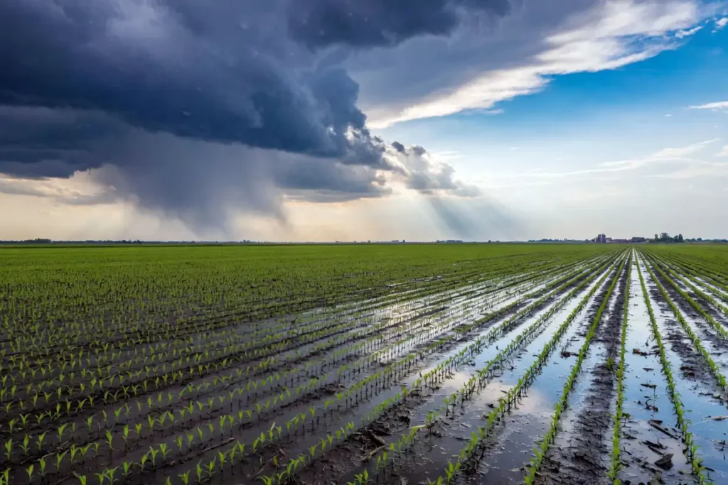 Storm clouds clearing over emerging corn rows in the US Corn Belt during spring 2026