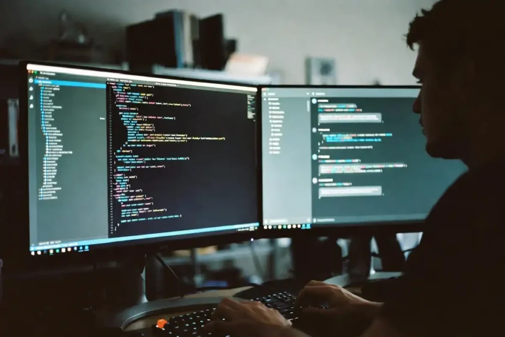Software engineer working with AI coding assistant on dual monitor setup