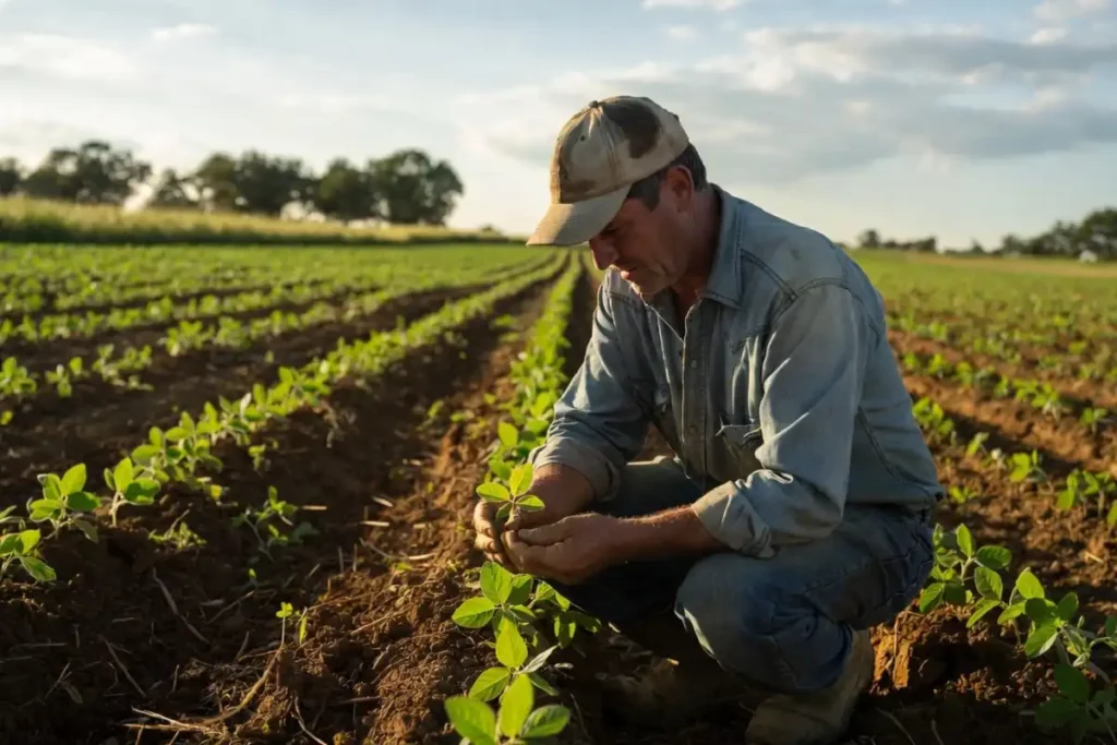 Midwestern farmer kneeling in a soybean field checking emerging seedlings in late May 2026