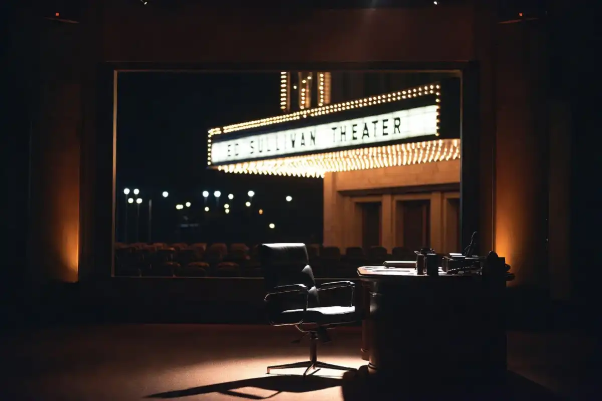 Empty late-night TV studio set representing the end of The Late Show with Stephen Colbert