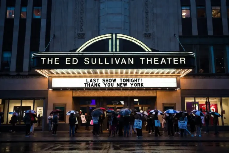 Stephen Colbert Late Show finale marquee at the Ed Sullivan Theater in May 2026