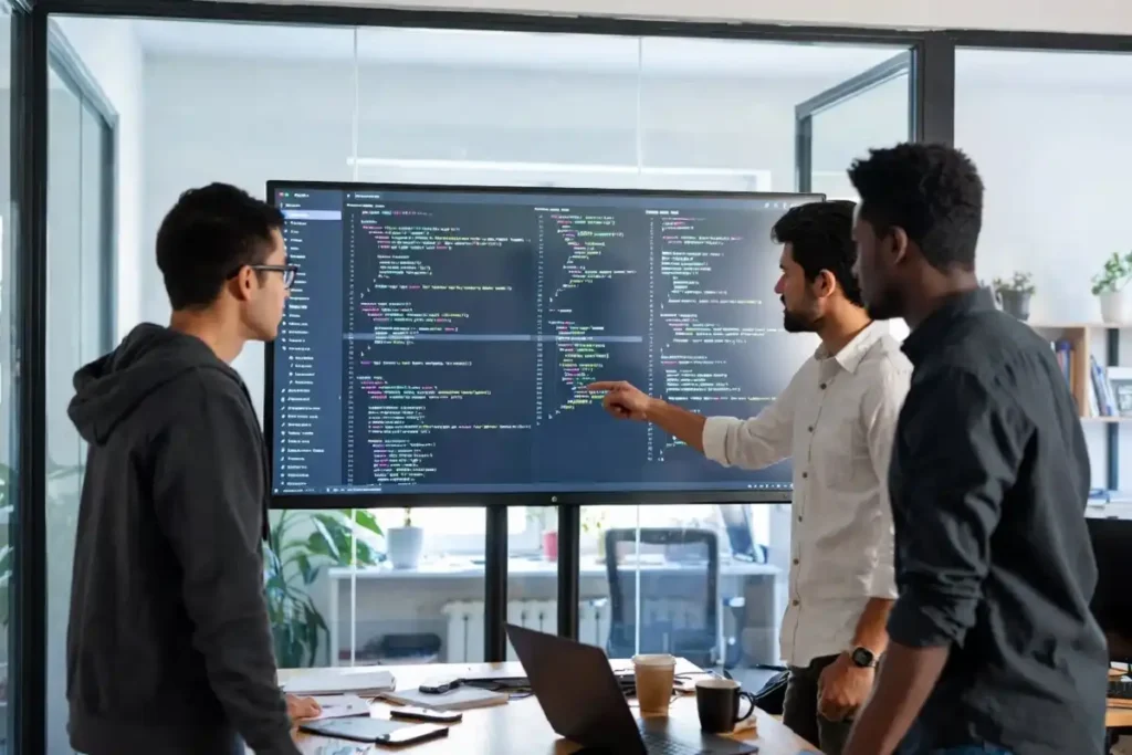 Engineering team collaborating on AI generated code review in modern office