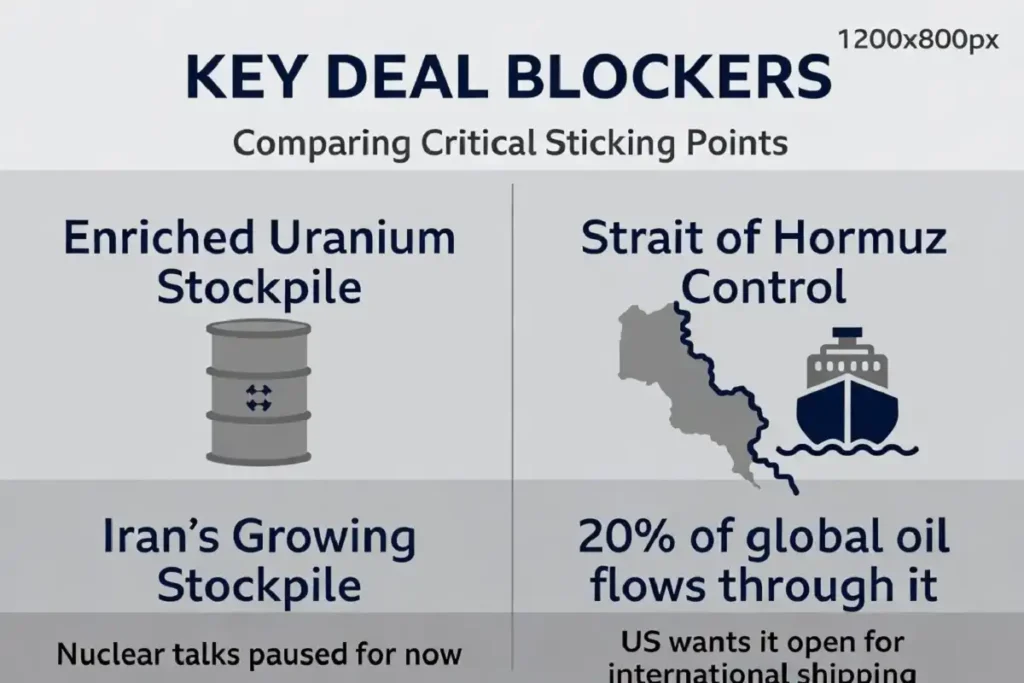 Infographic showing uranium stockpile and Strait of Hormuz as the main US Iran deal sticking points