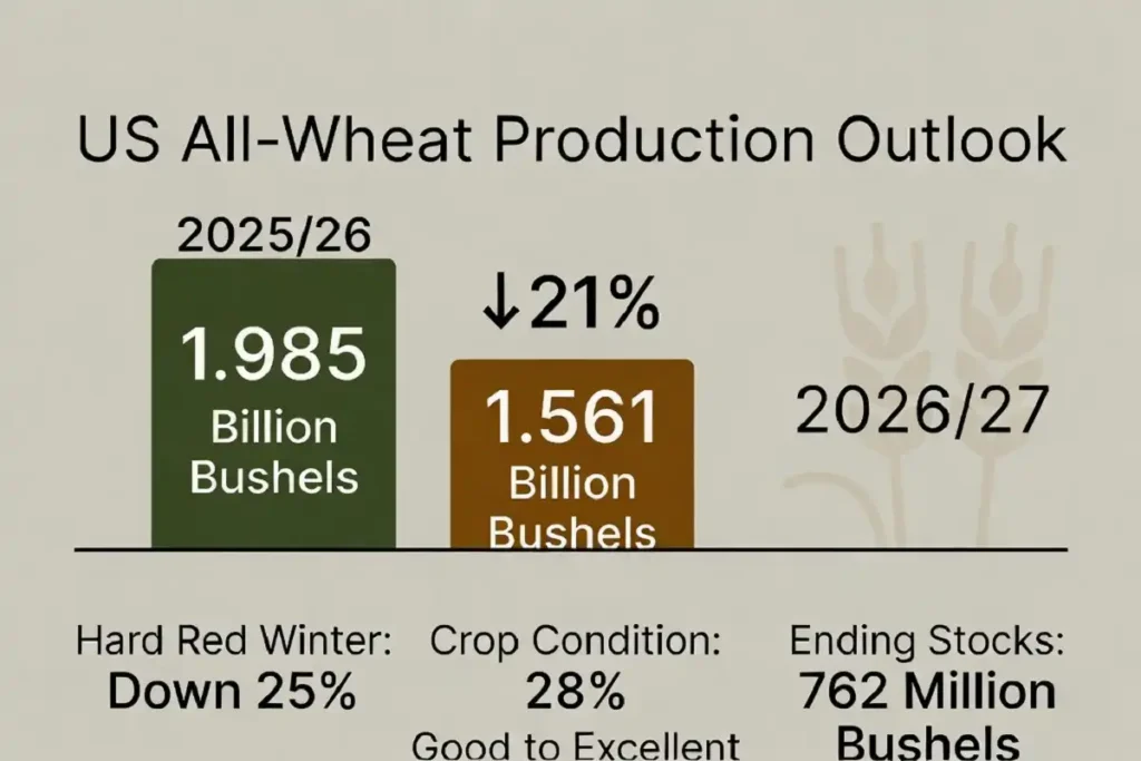 Infographic showing the smallest US wheat crop since 1972 with 2026 production figures