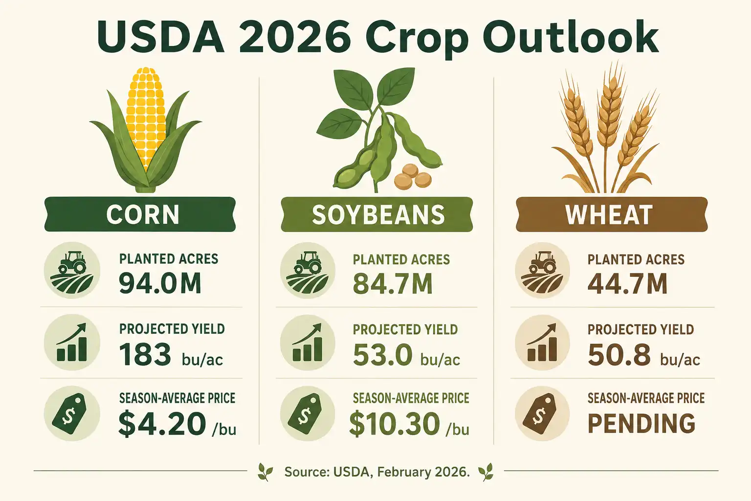 Infographic of USDA 2026 acreage, yield, and price projections for corn, soybeans, and wheat