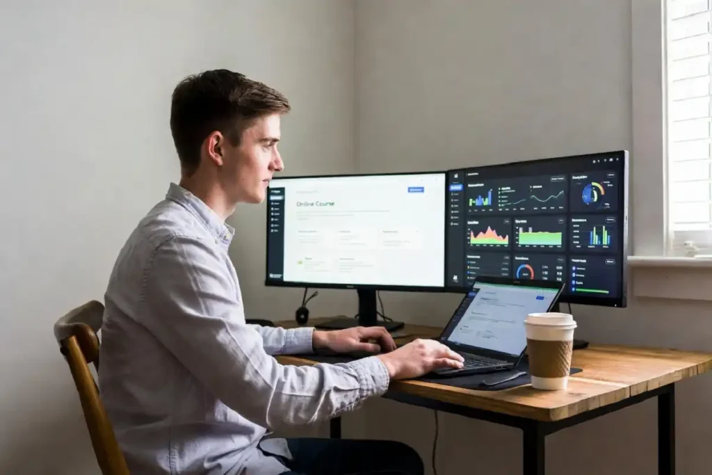 Young worker taking online AI certification course at home desk