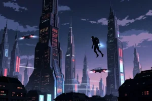 Animated superhero in futuristic Gotham City, inspired by Batman Beyond animated series
