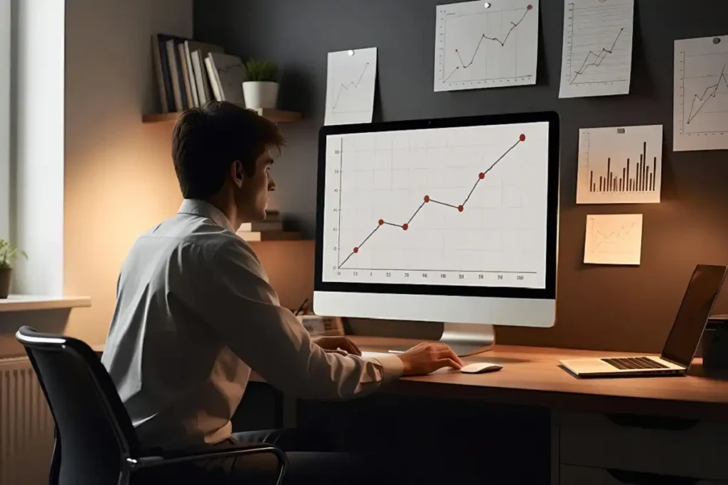 Business professional reviewing financial growth charts and career milestone achievements