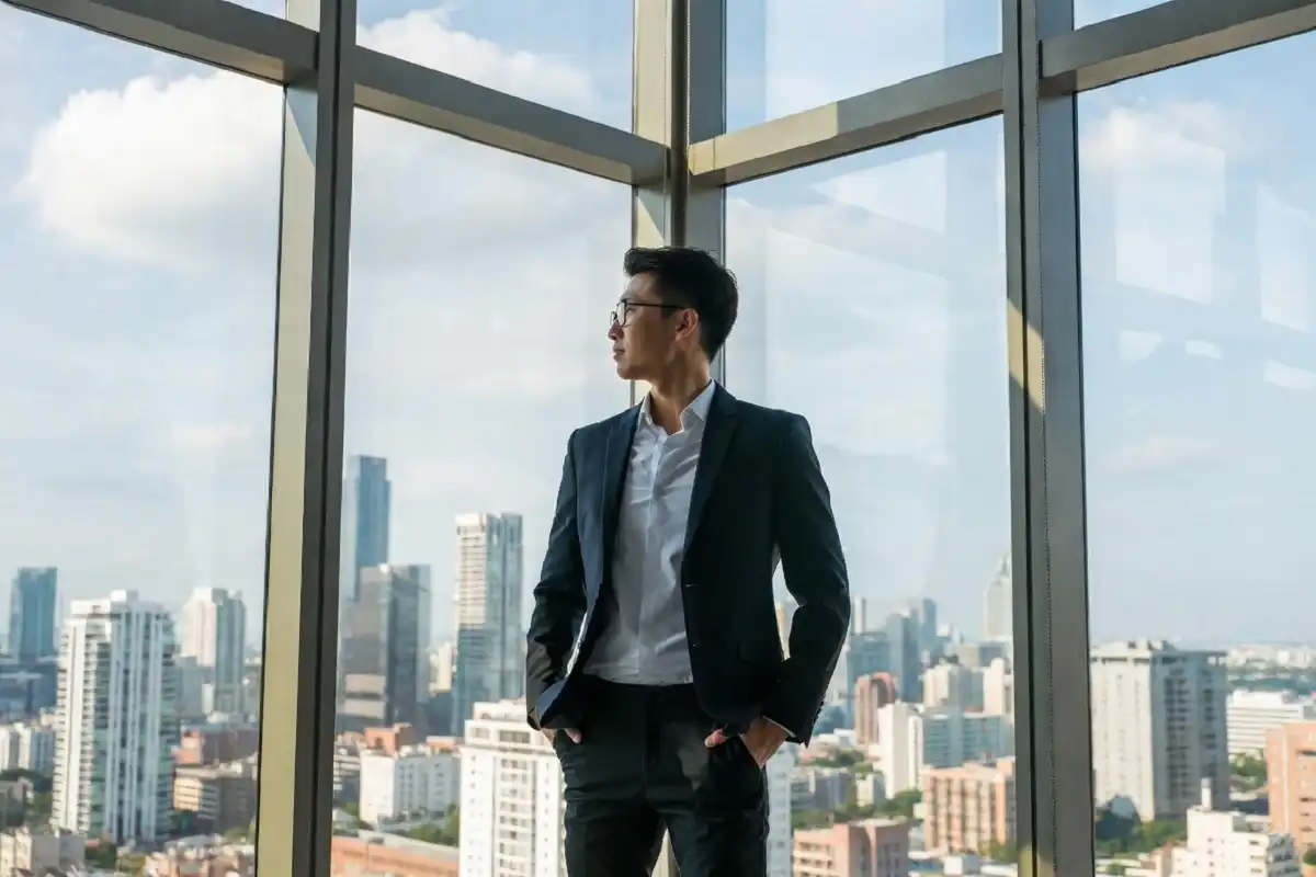 Professional person climbing career ladder in a modern business office setting